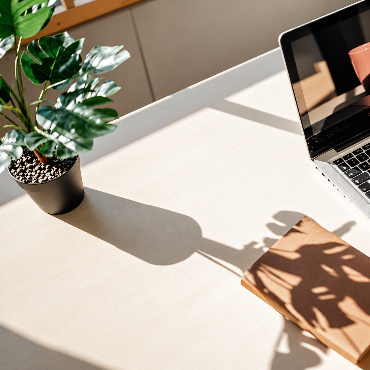 Vue de dessus d’un bureau blanc ensoleillé avec une plante, un ordinateur portable et un carnet.