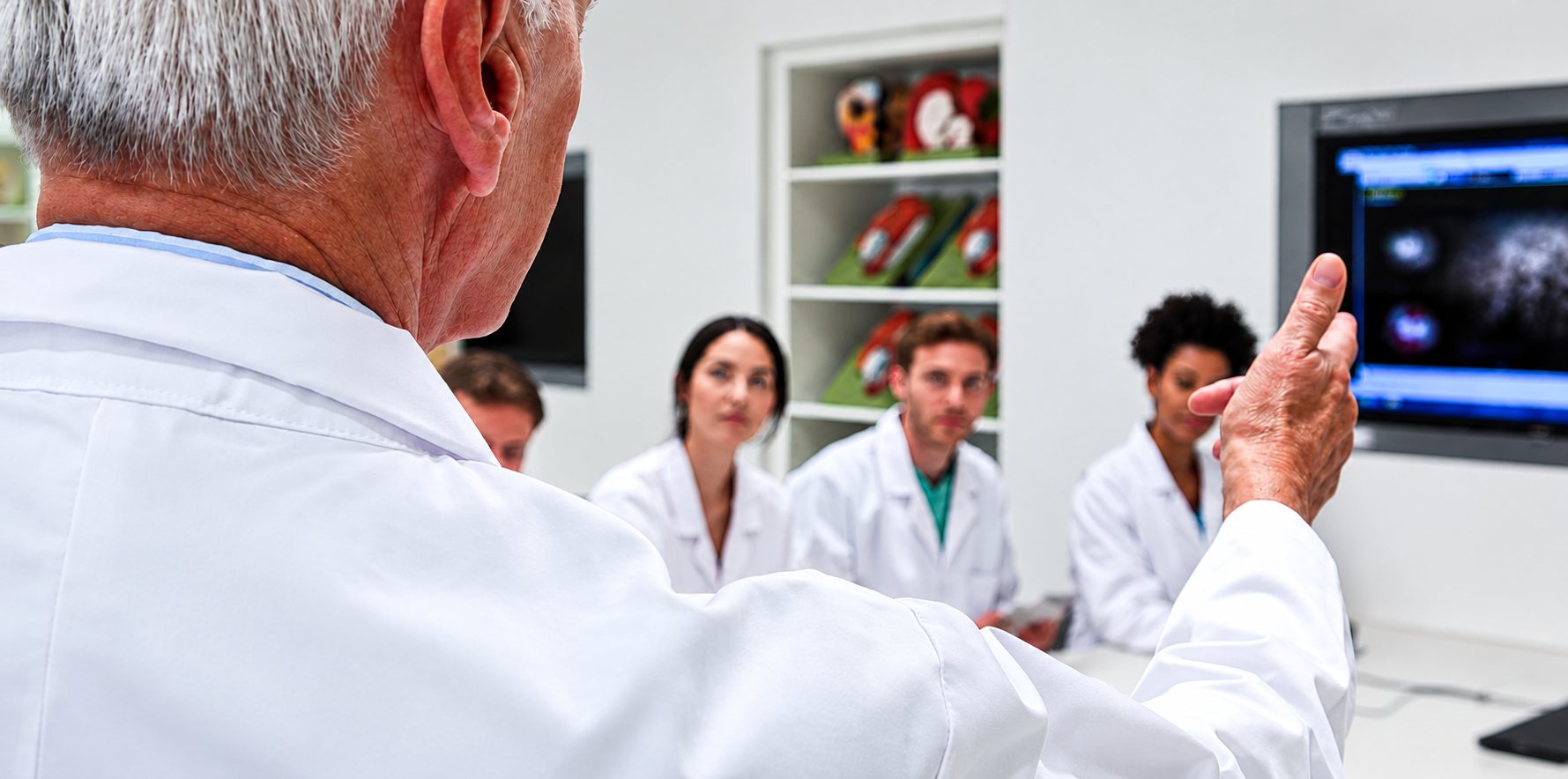 Médecin en blouse blanche, de dos, expliquant une radiographie à des étudiants en blouse assis autour d’une table.